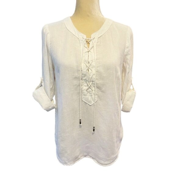 Anthropologie Maeve 100% Linen Marva White Lace Up Top Blouse Size 0 Oversized - Picture 2 of 8